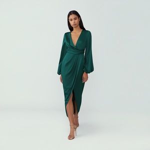 Fame and Partners long sleeve V-neck midi satin Dress